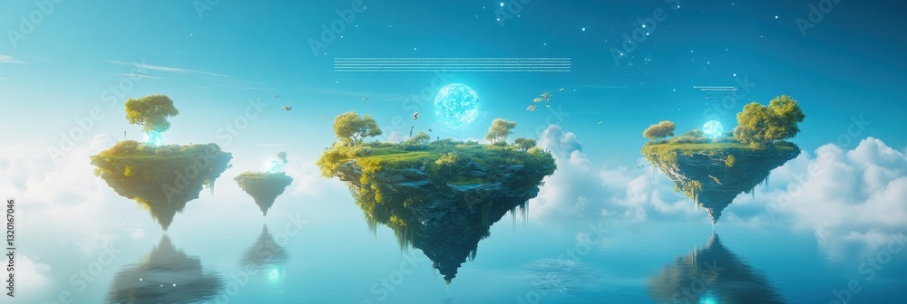 Poster floating islands connected by portals offer gateways to diverse virtual worlds in a stunning metaver