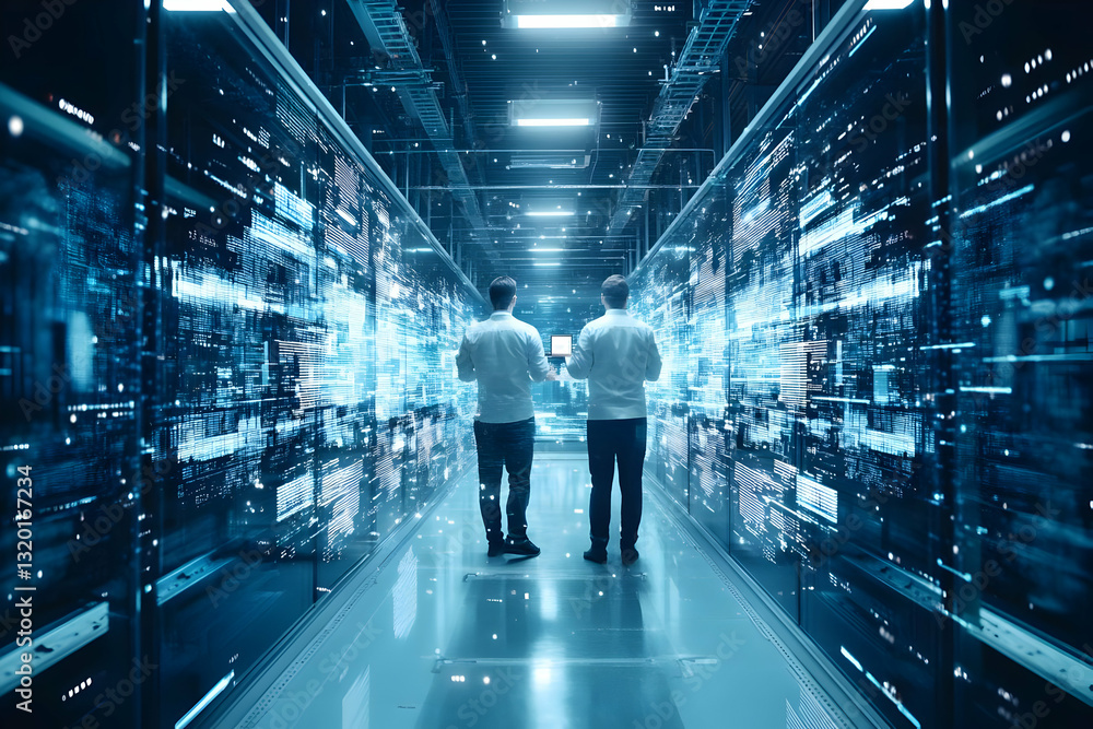 Poster two technicians examining digital data streams in a modern server room, illuminated by bright lights