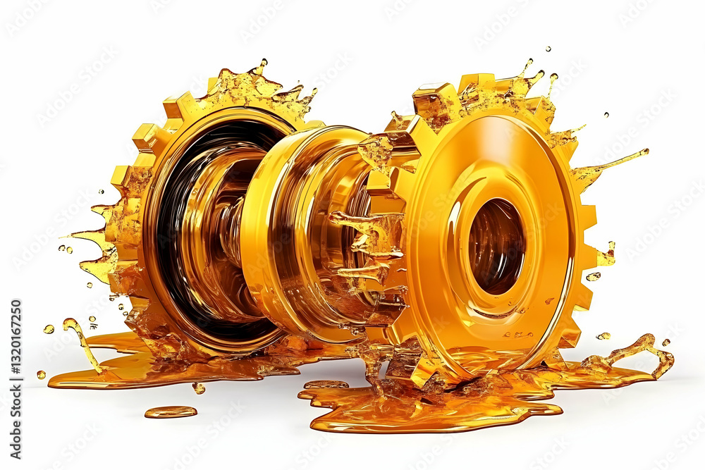 Poster 3d render of golden gears submerged in oil, splashing and dripping, abstract mechanical background i