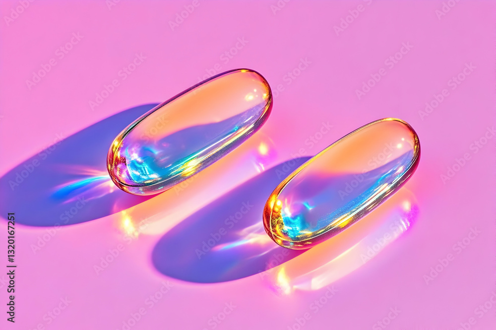 Poster two iridescent capsules rest on a pink surface, casting vibrant shadows; a 3d rendered abstract back