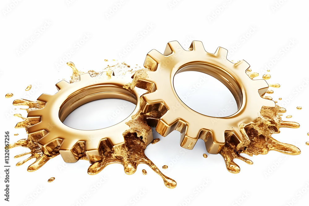 Poster golden gears immersed in liquid gold: a 3d render of interlocking cogs submerged in a splash of molt