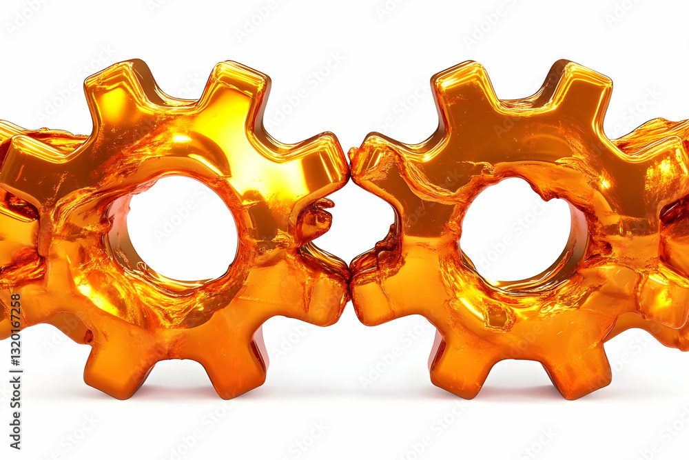 Poster 3d render of interlocking golden gears, abstract metallic cogs background image