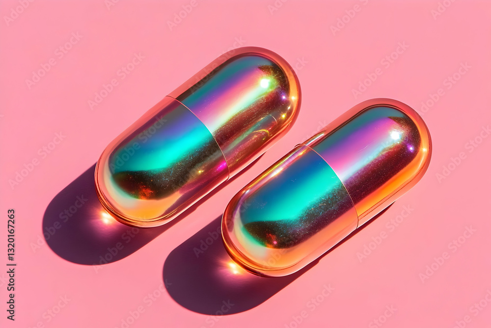 Poster iridescent capsule-shaped objects rest on pink surface, illuminated by light