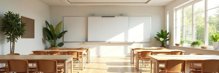 Spacious, minimalist classroom with interactive whiteboard and natural elements, furniture, chair, serene