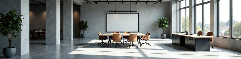 Spacious gray office, meeting area, columned corner, area, minimal, modern