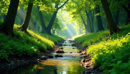 Obraz premium Sunlight dappled path beside crystal stream, vibrant green canopy , landscape, calm, outdoor