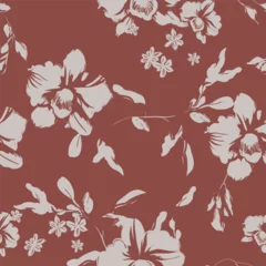 Gordijnen Floral seamless pattern features light brown orchids and leaves silhouettes on a solid dark red background. The flowers and leaves have a painterly, slightly abstract quality © momosama