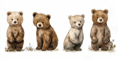 Watercolor Illustration of Cute Baby Grizzly Bears in Woodland Forest Setting