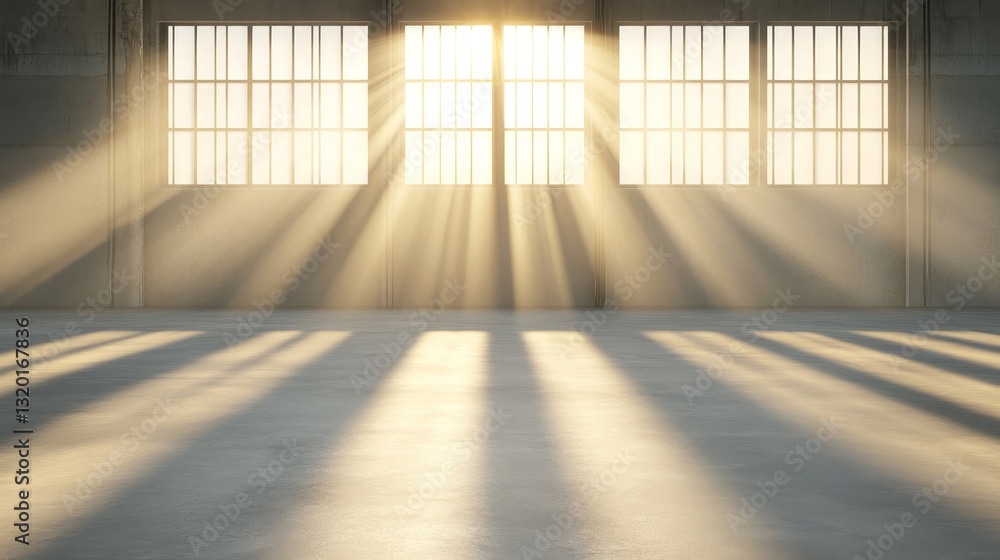 Poster light rays streaming through industrial windows in empty space