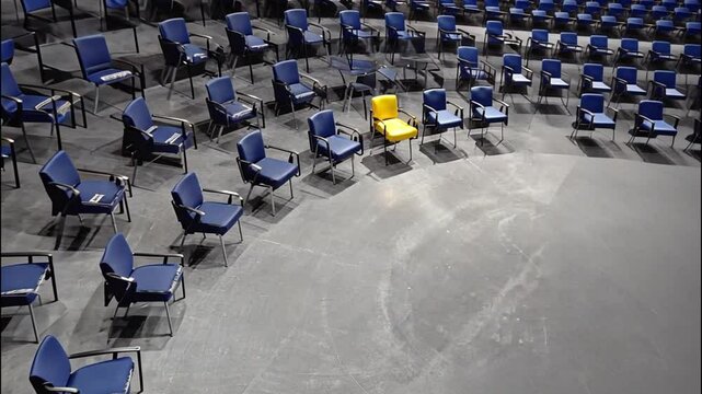 Contrasting Stadium Seats - Spotlight on Unique Yellow Chair Among Blue in Auditorium Setting. Stadium seats video