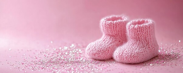 Pink Baby Booties on Soft Pink Background with Copy Space for Baby Shower Greeting Cards for Newborn Arrival Celebration
