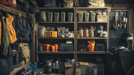 Organization in Prepper's Shelter: a detailed shot of a well-organized shelf inside a survivalist's bunker, filled with supplies ready for any crisis.