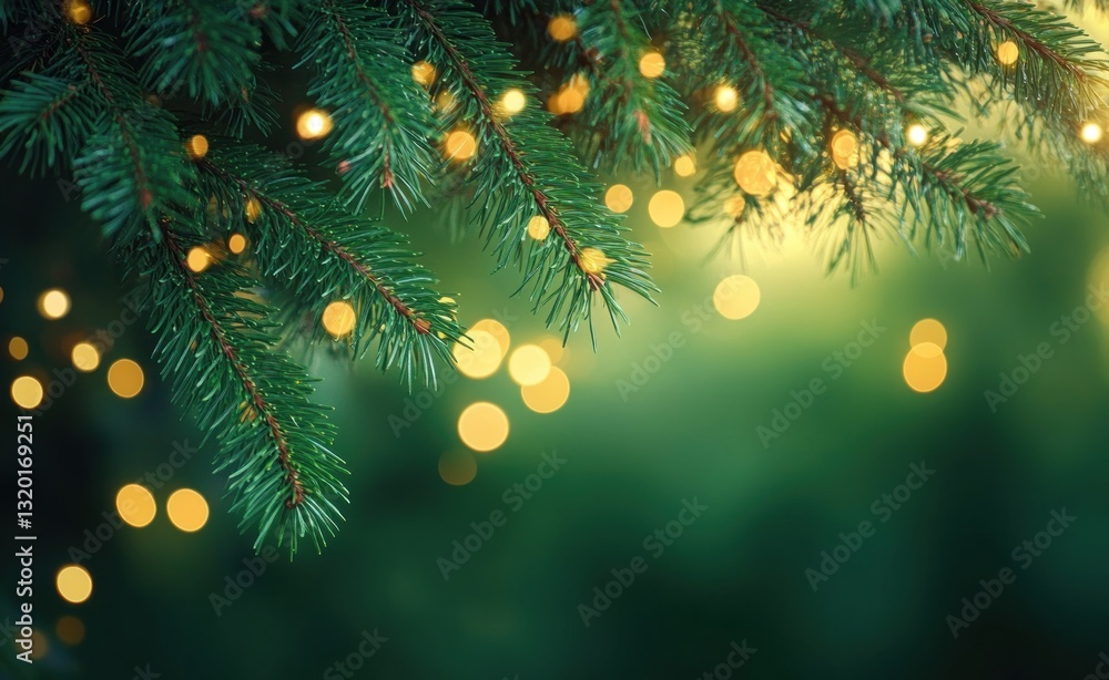 Poster close-up of pine tree branches with soft bokeh lights in green background