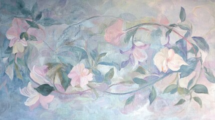 Floral Watercolor Serenity: Soft pastel watercolor painting featuring delicate flowers and leaves, evoking a sense of tranquility and natural beauty.