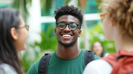 American Society Education Concepts. Smiling man engaging with friends in a vibrant, casual setting.