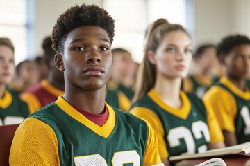 Fototapeta premium American Society Education Concepts. Students in a classroom wearing sports jerseys, focused and attentive.