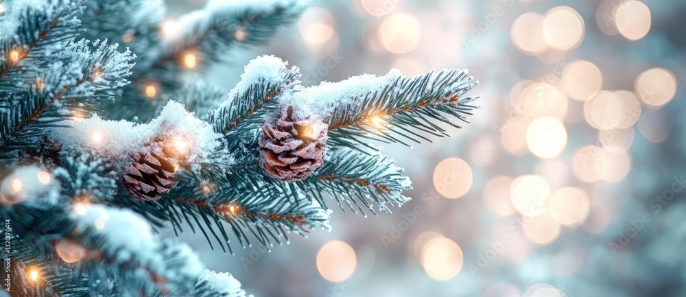 Poster pine tree branch with soft snow and bokeh lights in a christmas winter atmosphere