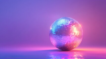 Disco ball reflecting vibrant purple and pink neon light.