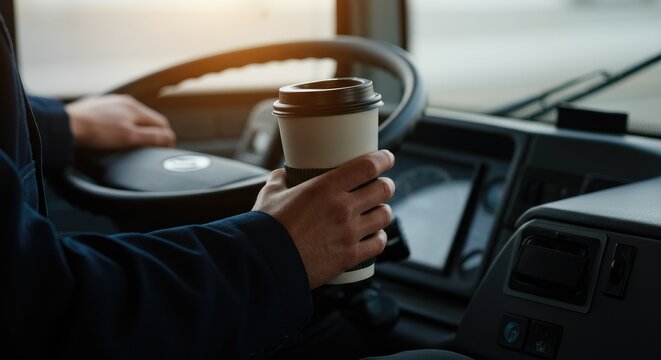 Driver holding cup of coffee in vehicle interior