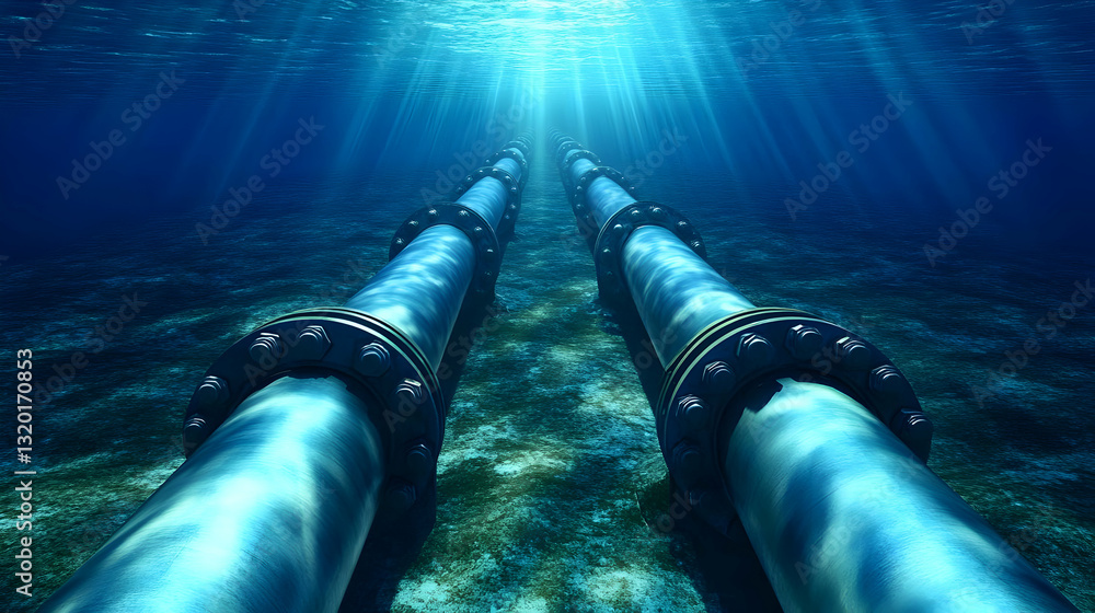 Poster 3D Render: Underwater Pipes Extending to Deep Ocean, Sunlight Beams Illuminate the Scene