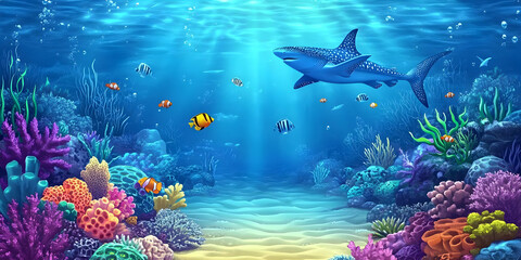 Fototapeta premium Vibrant Underwater Scene: Whale Shark Swims Above a Colorful Coral Reef, Fish Dart Among the Ocean Flora, a Digital Illustration of Aquatic Life.