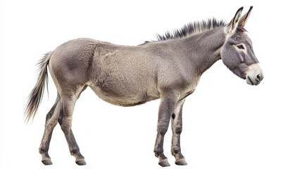 A stoic gray donkey, its coat shimmering in soft light, gazes right as it stands poised on subtly angled legs. The intricate textures of its back and front limbs invite curiosity