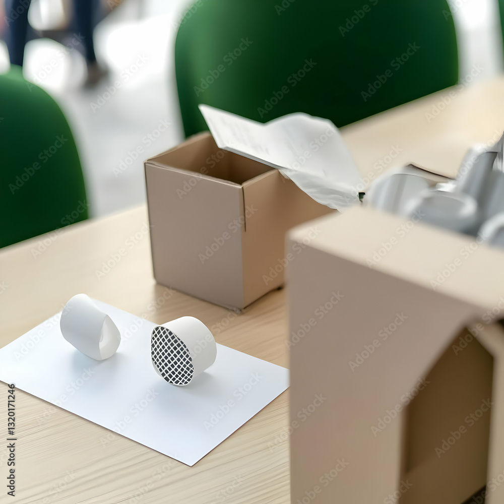 Poster white abstract 3d objects rest on a light wood table with cardboard boxes, minimalist product displa