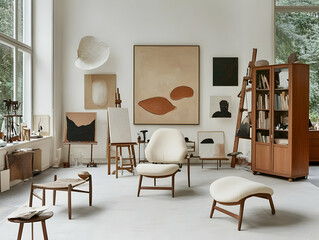 Abstract Art Decorates Minimalist Artist's Studio with Wooden Furniture and a Pale Floor