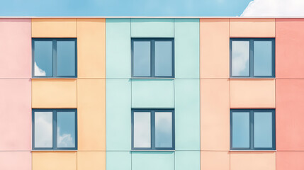 Fototapeta premium A colorful modern building facade with large windows set against a bright blue sky, featuring pastel shades of orange, teal, and pink.