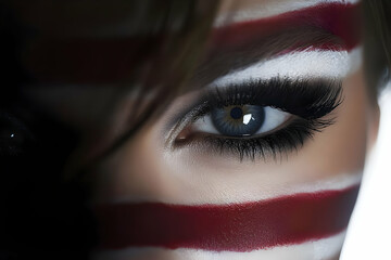 Close-up of a Woman's Eye with Dramatic Makeup and Red and White Stripes, Artistic and Stylish Photography