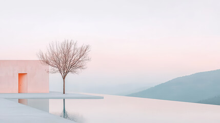 Fototapeta premium A serene landscape featuring a barren tree beside a minimalistic structure, reflecting calmness in a pastel-hued environment.