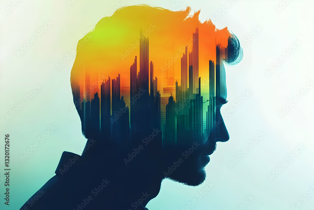 Poster abstract double exposure: silhouette of a man's head with an overlay of a vibrant cityscape at sunse