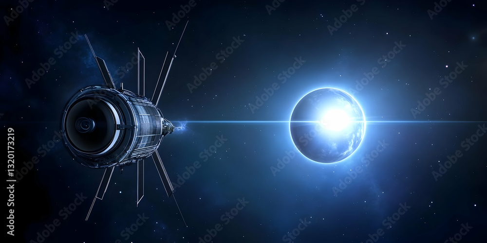 Poster 3d render of a satellite transmitting data to a bright planet in deep space, a futuristic sci-fi ill