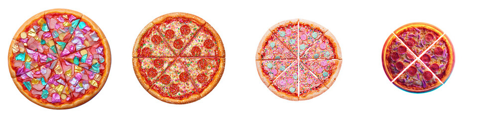 An assortment of freshly baked pizza slices showcasing a variety of mouthwatering toppings from classic pepperoni and vegetable to gourmet specialty combinations