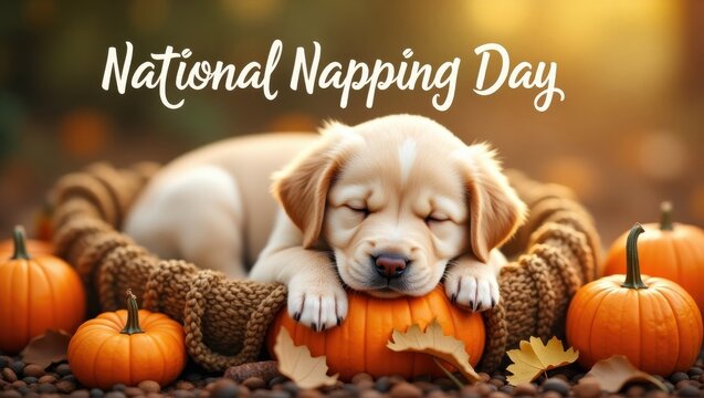 Napping puppy celebrates national napping day in a cozy fall setting for perfect relaxation break