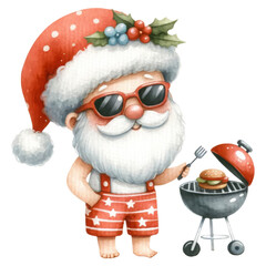 Summer Santa Claus concept. A whimsical Santa wearing sunglasses and shorts barbecues in a festive setting, blending holiday cheer with summer vibes.