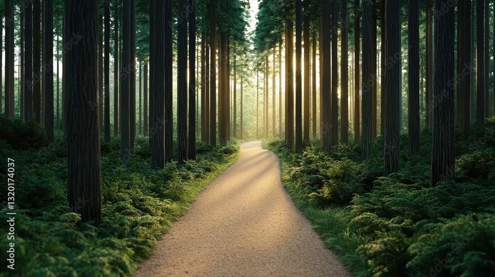 Poster burnout recovery mental health concepts. serene forest path illuminated by soft sunlight through tre