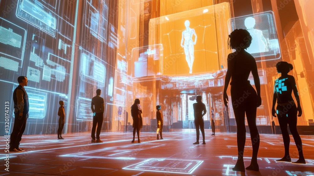 Aufkleber digital avatars engage in social interaction within a holographic lobby designed for immersive exper