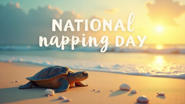 Celebrate national napping day relaxation and rest for turtles on the beach at sunset - Powered by Adobe