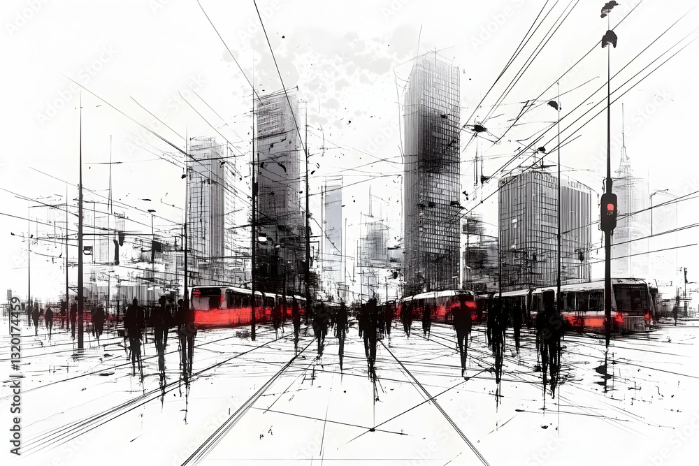 Aufkleber abstract urban sketch: cityscape with trams and pedestrians moving through a network of lines