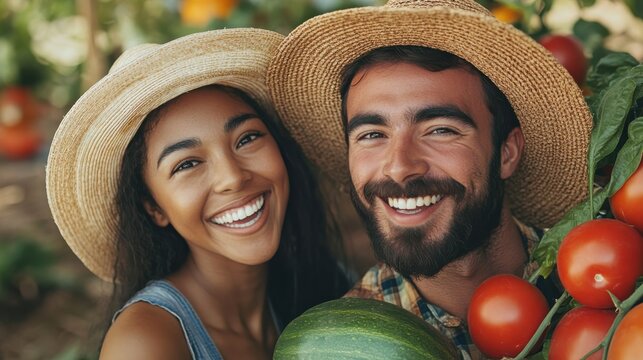 Happy young couple with organic produce smiling together in a vibrant garden on a sunny day