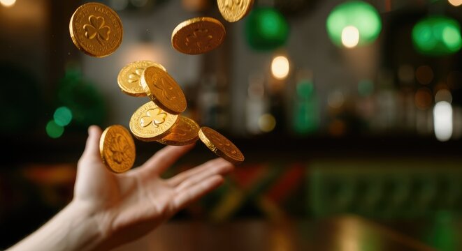 Hand tossing gold coins with clover design in festive indoor setting
