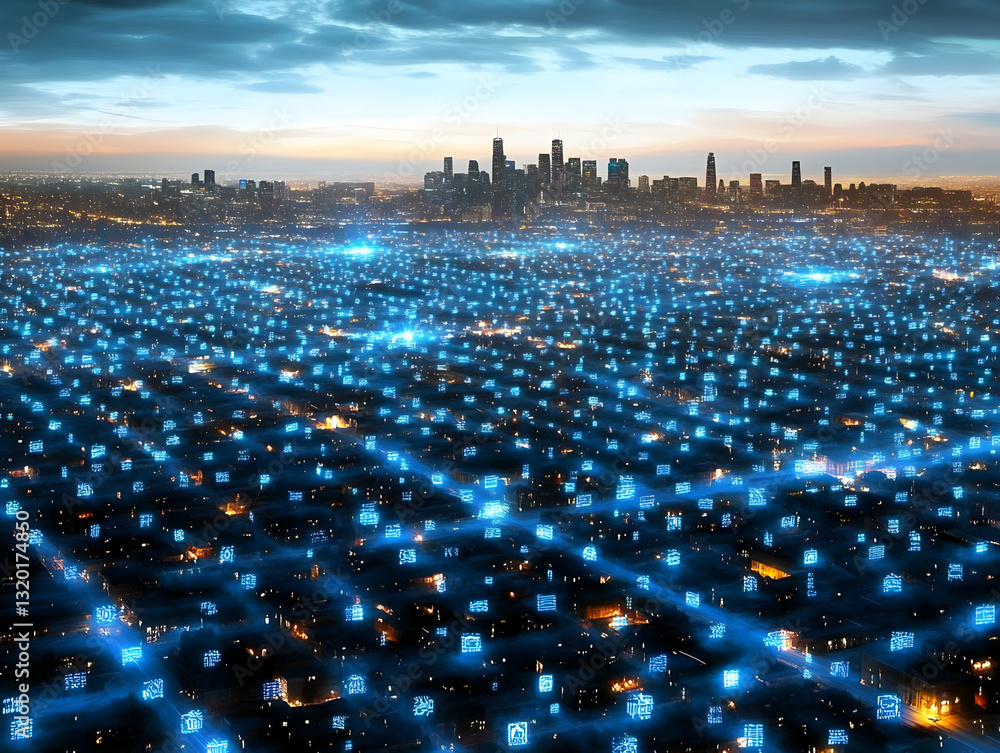 Poster digital cityscape: illuminated metropolis at dusk with glowing data streams, abstract futuristic bac