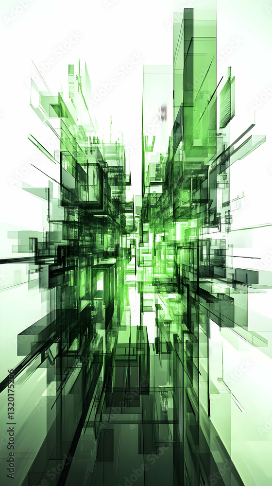 Aufkleber abstract 3d green glass structure: intersecting geometric forms create a futuristic cityscape backgr