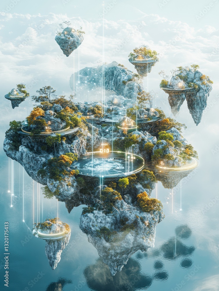 Poster floating islands connected by magical portals create gateways to diverse virtual realms in an immers