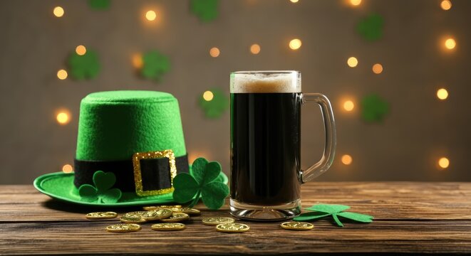 St Patrick's Day celebration with green hat, beer, and shamrocks