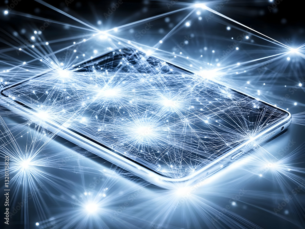 Poster abstract 3d illustration: shattered smartphone screen with glowing network connections, digital data