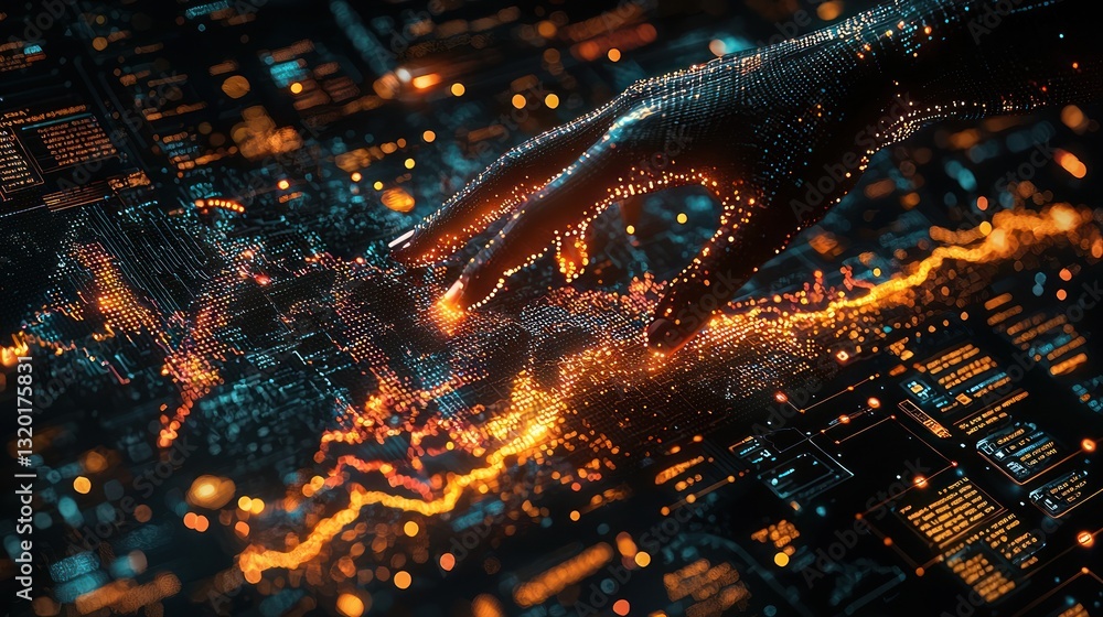 Poster a digital hand interacts with the data circuit board for analysis