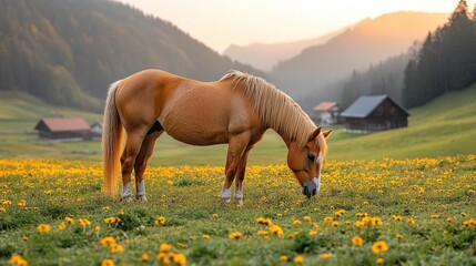 A beautiful horse gracefully grazing in a scenic mountain meadow