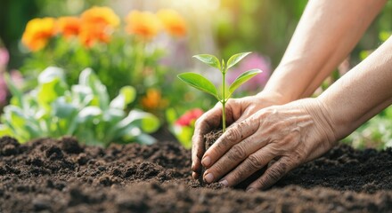 Fototapeta premium Close-up of hands planting seedling in soil, gardening concept